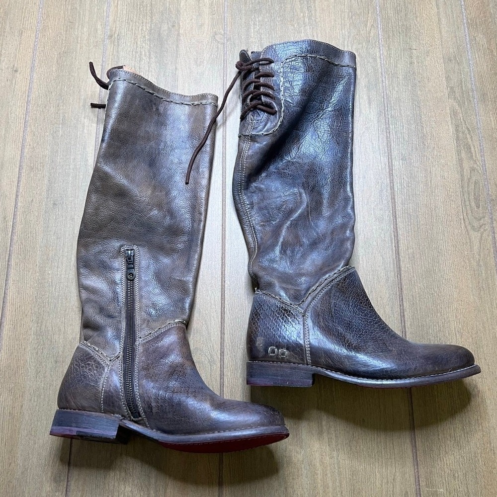 Bed Stu Glaye Boots Women 8 Brown Leather Knee High Distressed Lace Up Side Zip